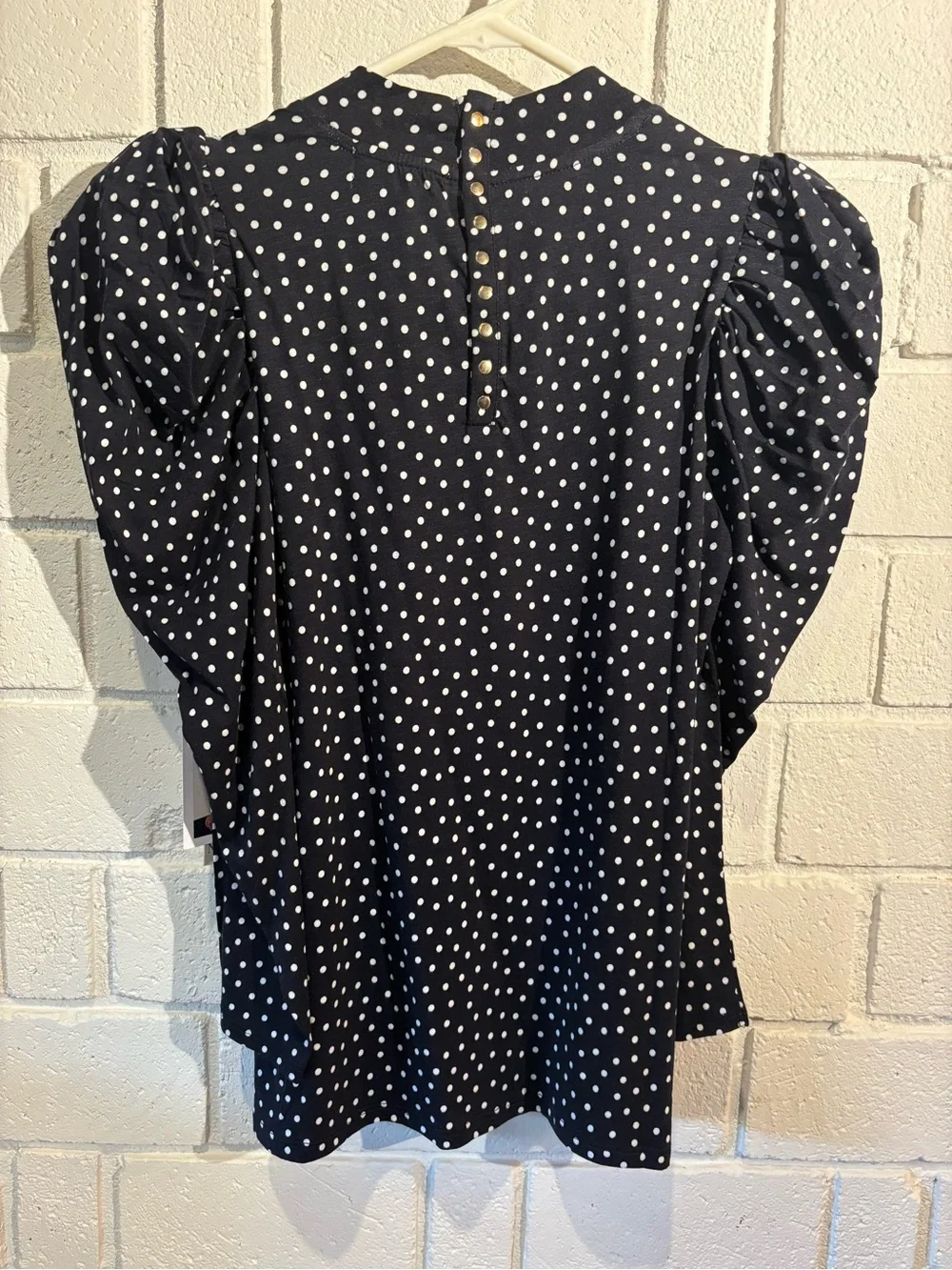 Anthropologie Navy and White Polka Dot Puff Sleeve Blouse